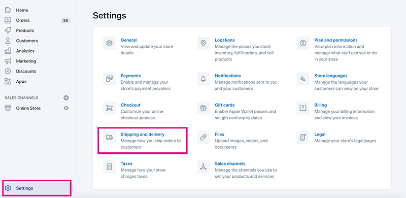 Shopify Settings page showing Shipping and Delivery option